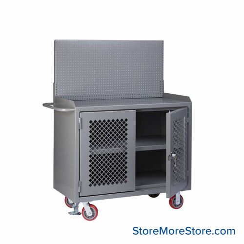 Cabinet Workbenches, 48" W x 41" H, Powder Coated Steel, Clearview Doors, Pegboard Panel/Floor Lock, Welded Center Shelf