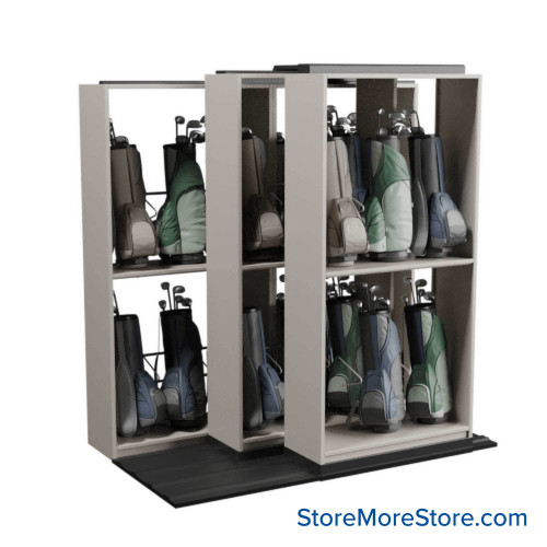 Mobile Shelving for Golf Bag Storage, 100" W x 58" D x 104" H, 24 Golf Bags Mobile Shelving for Golf Bag Storage, 100" W x 58" D x 104" H, 24 Golf Bags