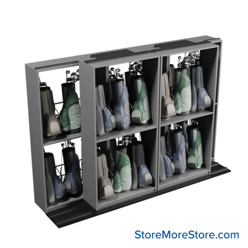 Mobile Shelving for Golf Bag Storage, 148" W x 38" D x 103" H, 30 Golf Bags Mobile Shelving for Golf Bag Storage, 148" W x 38" D x 103" H, 30 Golf Bags
