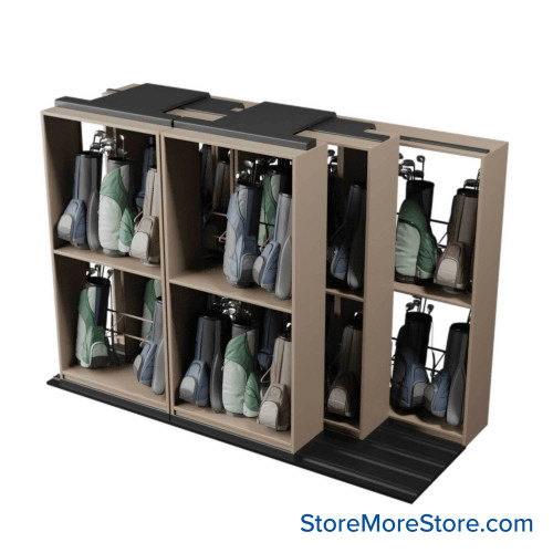 Mobile Shelving for Golf Bag Storage, 148" W x 58" D x 104" H, 42 Golf Bags Mobile Shelving for Golf Bag Storage, 148" W x 58" D x 104" H, 42 Golf Bags
