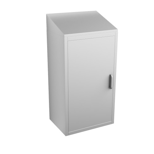 Stainless Steel Wall Mounted Cabinets, 18" W x 16" D x 36" H, Sloped Top, Solid Left Swing Door, Key Lock Stainless Steel Wall Mounted Cabinets, 18" W x 16" D x 36" H, Sloped Top, Solid Left Swing Door, Key Lock