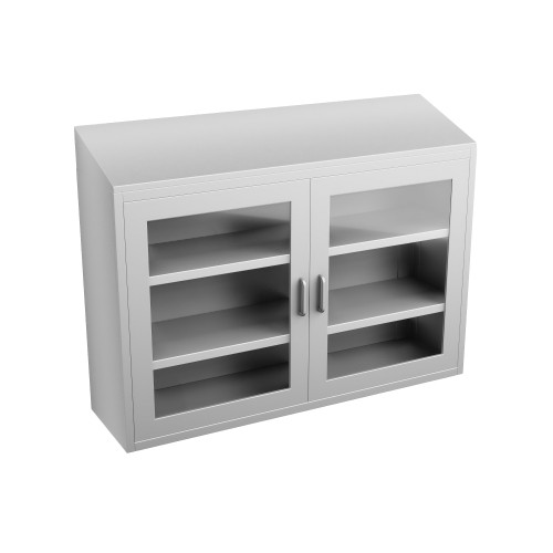 Stainless Steel Wall Mounted Cabinets, 48" W x 13" D x 36" H, Sloped Top, Framed Glass Double Doors, No Lock