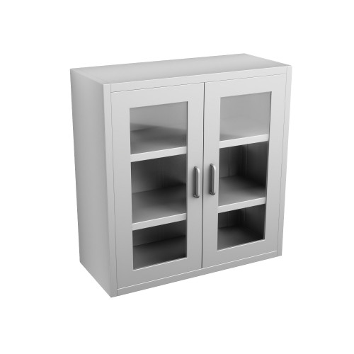 Stainless Steel Wall Mounted Cabinets, 30" W x 13" D x 31" H, Flat Top, Framed Glass Double Doors, No Lock