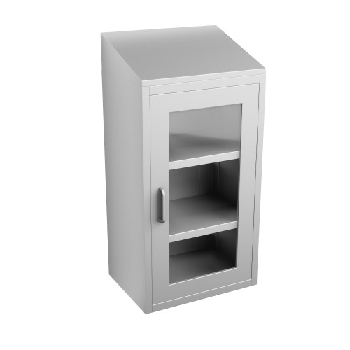 Stainless Steel Wall Mounted Cabinets, 18" W x 13" D x 36" H, Sloped Top, Framed Glass Right Swing Door, No Lock