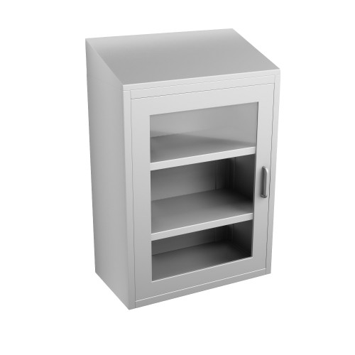 Stainless Steel Wall Mounted Cabinets, 24" W x 13" D x 36" H, Sloped Top, Framed Glass Left Swing Door, Key Lock