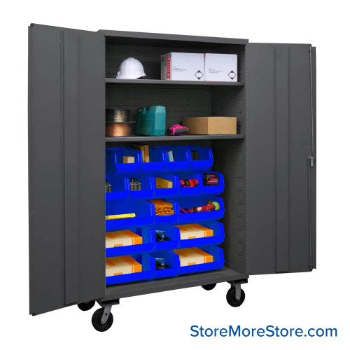 Mobile Bin Storage Cabinet, 48" W, 2 Shelves, 18 Bins, 14-Gauge Steel Mobile Bin Storage Cabinet, 48" W, 2 Shelves, 18 Bins, 14-Gauge Steel