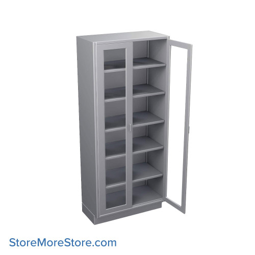 Stainless Steel Cabinet, 36" W x 18" D x 84" H, Flat Top, Glass Door, Double Doors, Key Lock
