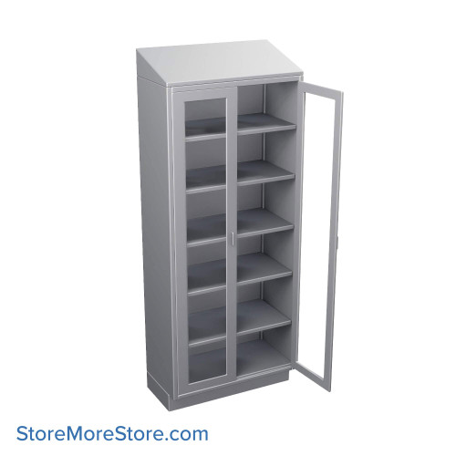 Stainless Steel Cabinet, 36" W x 24" D x 89" H, Sloped Top, Glass Door, Double Doors, Key Lock