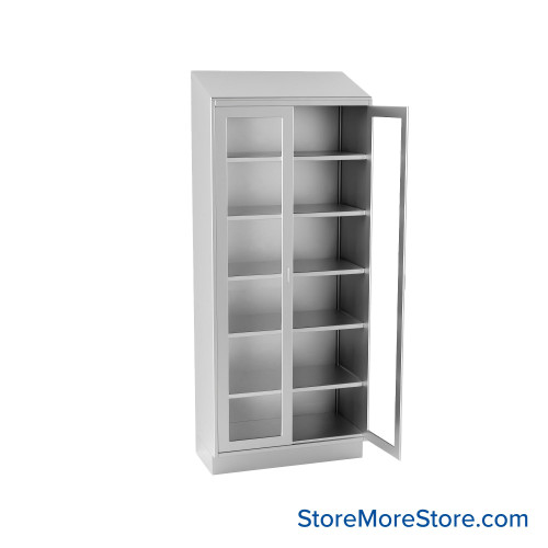 Stainless Steel Cabinet with Glass Doors, 36" W x 18" D x 88" H, Sloped Top