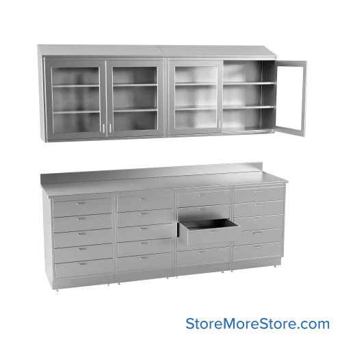 Commercial Stainless Steel Cabinets, 97" W x 96" H, Sloped Top Upper + Lower Cabinet, 20 Drawers Commercial Stainless Steel Cabinets, 97" W x 96" H, Sloped Top Upper + Lower Cabinet, 20 Drawers