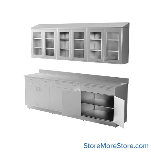 Commercial Stainless Steel Cabinets, 109" W x 96" H, Sloped Top Upper + Lower Cabinet, 3 Drawers Commercial Stainless Steel Cabinets, 109" W x 96" H, Sloped Top Upper + Lower Cabinet, 3 Drawers
