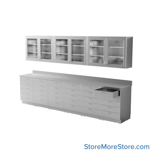 Commercial Stainless Steel Cabinets, 145" W x 96" H, Flat Top Upper + Lower Cabinet, 30 Drawers Commercial Stainless Steel Cabinets, 145" W x 96" H, Flat Top Upper + Lower Cabinet, 30 Drawers