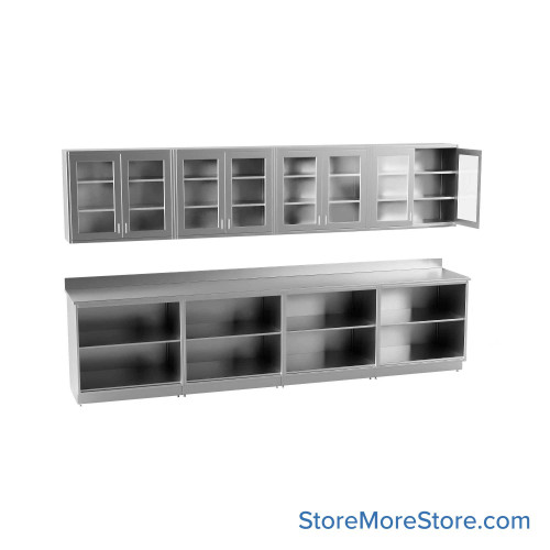 Commercial Stainless Steel Cabinets, 145" W x 96" H, Flat Top Upper + Lower Cabinet Commercial Stainless Steel Cabinets, 145" W x 96" H, Flat Top Upper + Lower Cabinet