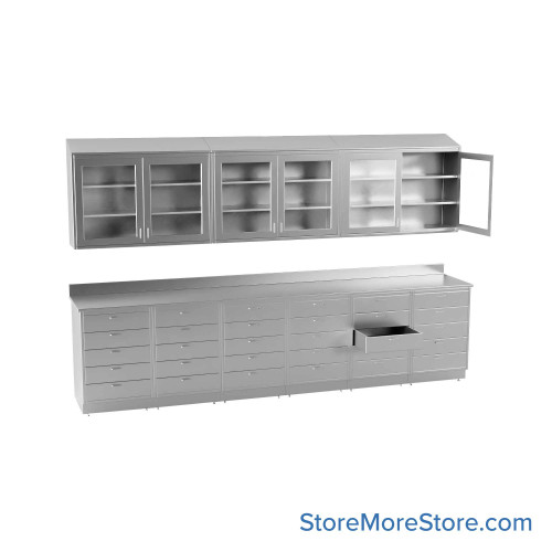 Commercial Stainless Steel Cabinets, 145" W x 96" H, Sloped Top Upper + Lower Cabinet, 30 Drawers Commercial Stainless Steel Cabinets, 145" W x 96" H, Sloped Top Upper + Lower Cabinet, 30 Drawers