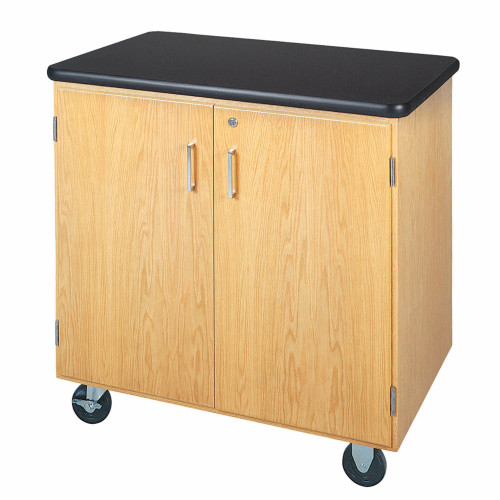 Compact Rolling Oak Storage Cabinet with Locking Doors, Laminate Top