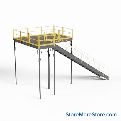 Warehouse Mezzanine, 144" W x 96" D x 144" H, Bar Grating, OSHA Approved Stairway