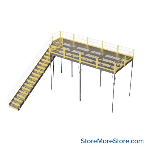 Warehouse Mezzanine, 120" W x 240" D x 144" H, Perforated Steel, IBC Approved Stairway