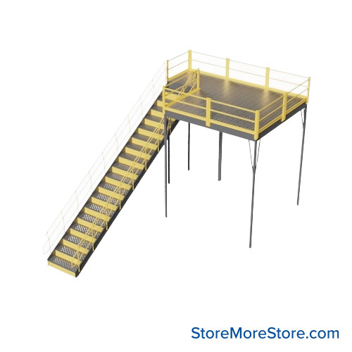 Warehouse Mezzanine, 120" W x 120" D x 144" H, Solid Steel Grating, IBC Approved Stairway
