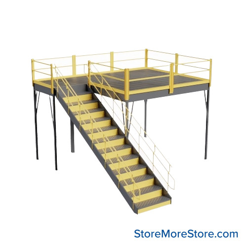 Warehouse Mezzanine, 120" W x 120" D x 96" H, Bar Grating, IBC Approved Stairway