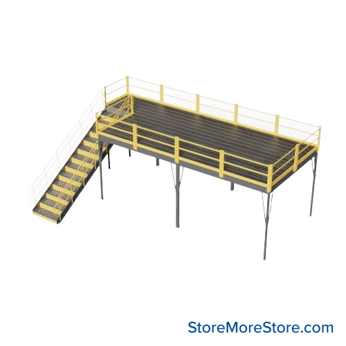 Warehouse Mezzanine, 120" W x 240" D x 96" H, Bar Grating, IBC Approved Stairway
