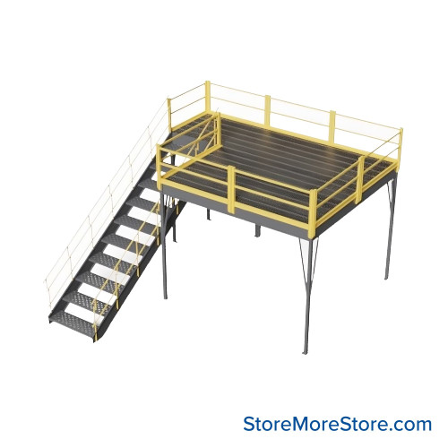 Warehouse Mezzanine, 120" W x 120" D x 96" H, Bar Grating, OSHA Approved Stairway