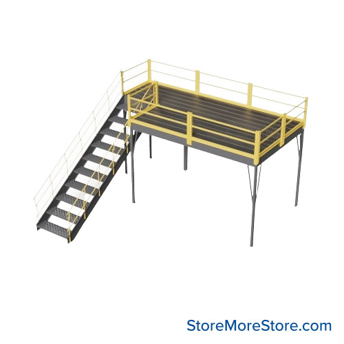 Warehouse Mezzanine, 144" W x 96" D x 96" H, Bar Grating, OSHA Approved Stairway