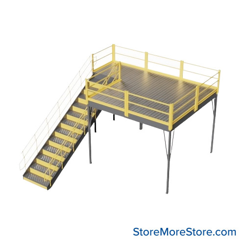 Warehouse Mezzanine, 120" W x 120" D x 96" H, Solid Steel Grating, IBC Approved Stairway