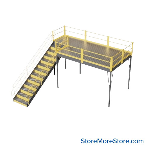 Warehouse Mezzanine, 144" W x 96" D x 96" H, Solid Steel Grating, IBC Approved Stairway