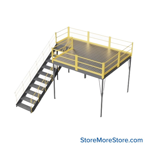 Warehouse Mezzanine, 120" W x 120" D x 96" H, Solid Steel Grating, OSHA Approved Stairway