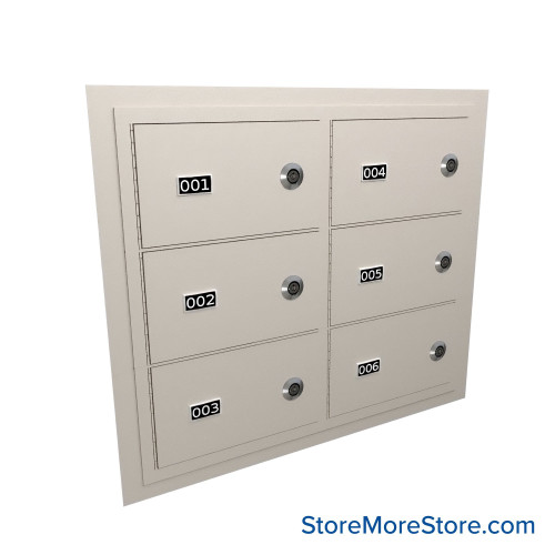 Flush Mount Wall Gun Safe, 25" W x 20.25" H, 6 Compartments, 2 Wide x 3 High, Tube Lock Flush Mount Wall Gun Safe, 25" W x 20.25" H, 6 Compartments, 2 Wide x 3 High, Tube Lock