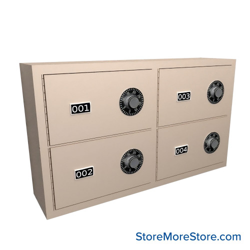 Wall Mounted Gun Locker, 25" W x 6.5" D x 14.25" H, 4 Compartments, 2 Wide x 2 High, Combination Lock Wall Mounted Gun Locker, 25" W x 6.5" D x 14.25" H, 4 Compartments, 2 Wide x 2 High, Combination Lock