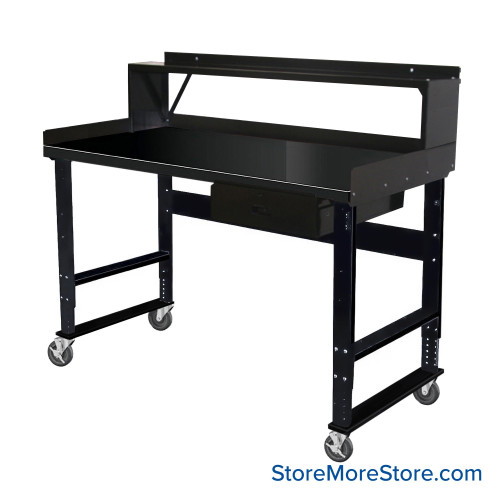 Industrial Workbenches, 60" W x 30" D, Steel, 18"W x 6"H Drawer, 3"H Back & End Stop, 10"D Riser Shelf, Includes Casters