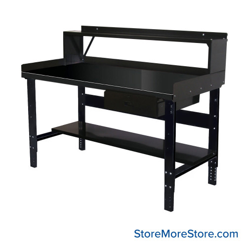 Industrial Workbenches, 72" W x 30" D, Steel, 18"W x 6"H Drawer, 3"H Back & End Stop, 10"D Riser Shelf, 11"D Lower Shelf