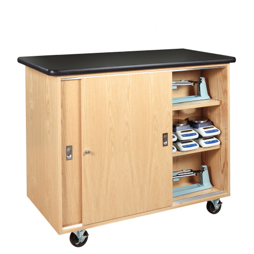 Mobile Oak Storage Cabinet with Laminate Top