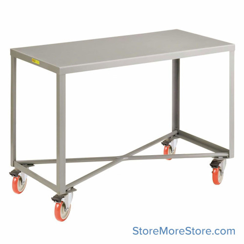Rolling Worktable, 60" W x 24" D, 5" Polyurethane w/ Brakes Casters, Two Shelves
