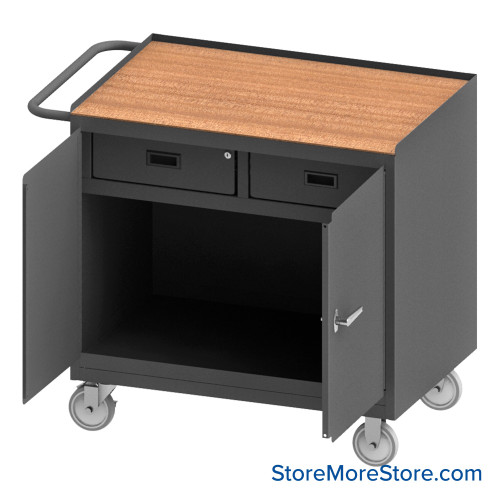 Mobile Workbench Cart, 42.25" W x 36.5" H, Tempered Hardboard, 2 Drawers/ No Shelf, 2 Doors