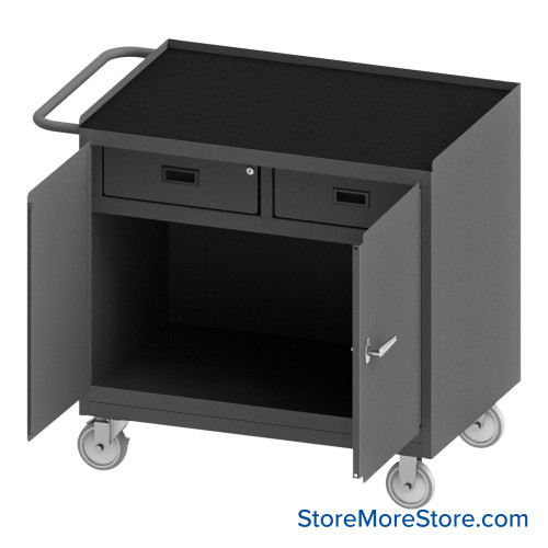 Mobile Workbench Cart, 42.25" W x 36.5" H, Black Rubber Mat, 2 Drawers/ No Shelf, 2 Doors
