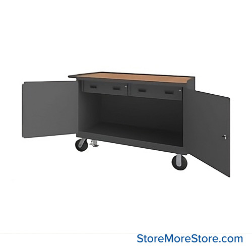Mobile Workbench Cart, 54.25" W x 37.75" H, Tempered Hardboard, 2 Drawers/ No Shelf, 2 Doors, Includes Floor Lock