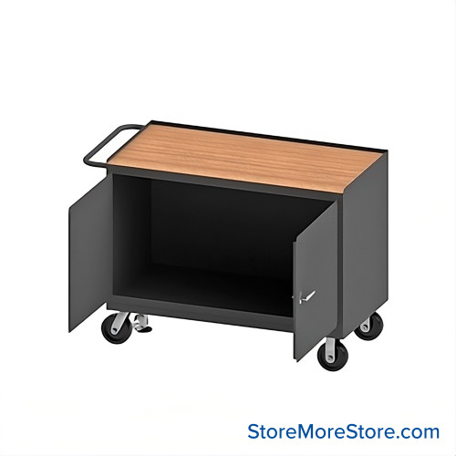 Mobile Workbench Cart, 54.25" W x 37.75" H, Tempered Hardboard, No Drawers/ No Shelf, 2 Doors, Includes Floor Lock