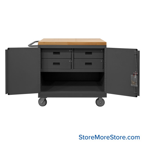 Mobile Workbench Cart, 42.25" W x 37.25" H, Maple, 4 Half Width/ No Shelf, 2 Doors