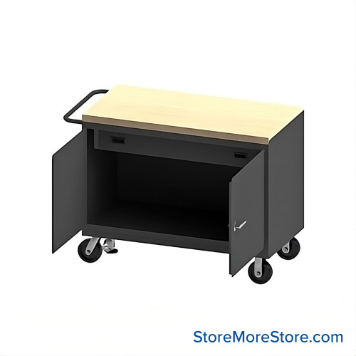 Mobile Workbench Cart, 54.25" W x 38.5" H, Maple, 1 Drawer/ No Shelf, 2 Doors, Includes Floor Lock