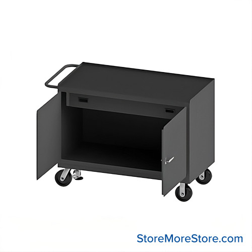Mobile Workbench Cart, 54.25" W x 37.75" H, Black Rubber Mat, 1 Drawer/ No Shelf, 2 Doors, Includes Floor Lock