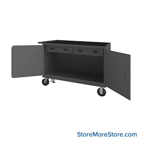 Mobile Workbench Cart, 54.25" W x 37.75" H, Black Rubber Mat, 2 Drawers/ No Shelf, 2 Doors, Includes Floor Lock