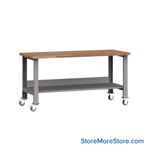 Mobile Workbench, 72" W x 30" D x 35" H, Workbench w/ Shelf, Butcherblock, Includes Casters