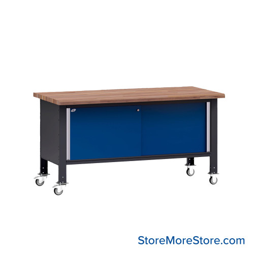 Mobile Workbench, 72" W x 36" D x 35" H, Cabinet Workbench, Butcherblock, Includes Casters