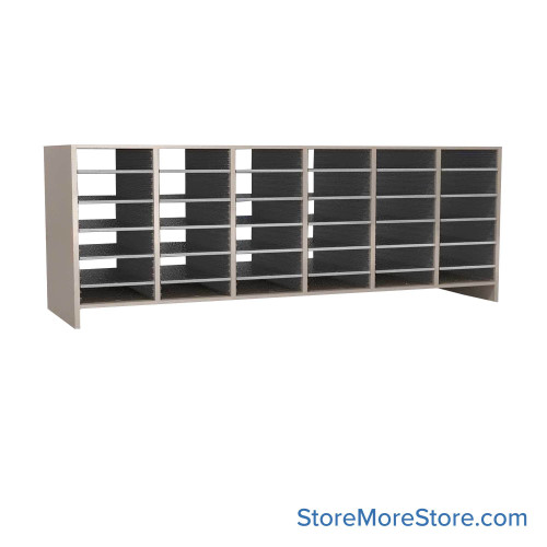 Legal Size Mail Sorter, 71.5" W x 27" H, 24" Sorting Height, Laminate Sorter Back, 3" Open Back Riser