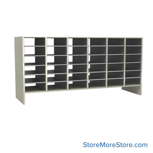 Legal Size Mail Sorter, 71.5" W x 36" H, 30" Sorting Height, Laminate Sorter Back, 6" Closed Back Riser