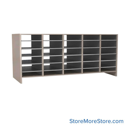Legal Size Mail Sorter, 59.75" W x 27" H, 24" Sorting Height, Plexiglass Sorter Back, 3" Closed Back Riser