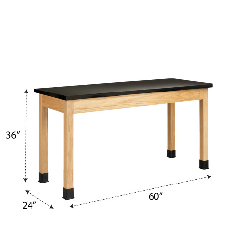 Wooden Lab Bench, 60" W x 24" D x 36" H, Black Epoxy Top, Oak Legs/Apron