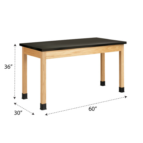 Wooden Lab Bench, 60" W x 30" D x 36" H, Black Chemguard Top, Oak Legs/Apron
